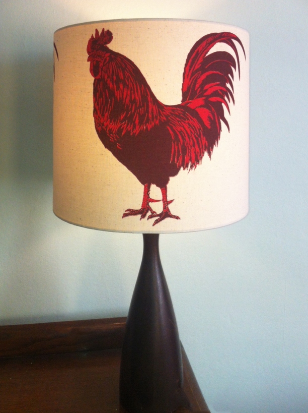 Coq! two colour cockerel screen-print on calico lamp shade, 30cm x 28cm