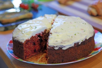 Delicious Home-made Beetroot cake with lemon and lime zest frosting.