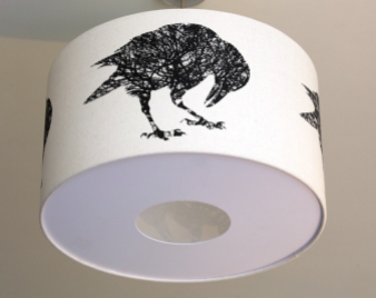 Corvus Quercus, Black Crow design screen-print on calico lamp shade with diffuser 450mmx265mm