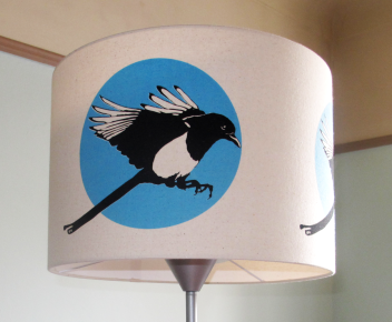 Magpie Flies:Two colour Magpie screen-print on calico lamp shade 400mmx280mm