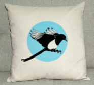 Magpie Flies. Magpie screen-print on 100% cotton cushion cover, with duck-feather filled pad. 45x45cm.