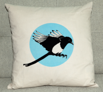 Magpie Flies. Magpie screen-print on 100% cotton cushion cover, with duck-feather filled pad. 45x45cm.
